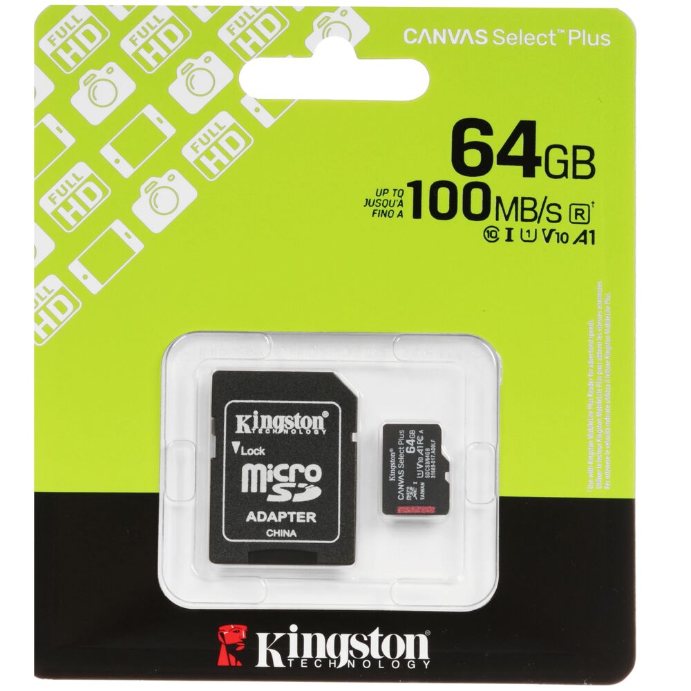 Карта памяти Micro SecureDigital 64Gb Kingston Canvas Select Plus (SDCS3/64GB)  + адаптер SD
