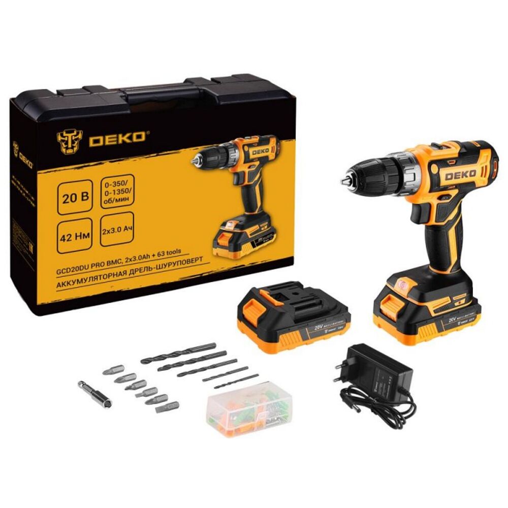 Аккумуляторная дрель-шуруповерт Deko GCD20DU PRO в кейсе + набор 63 инструмента для дома, 20В, 2х3.0Ач 083-1039