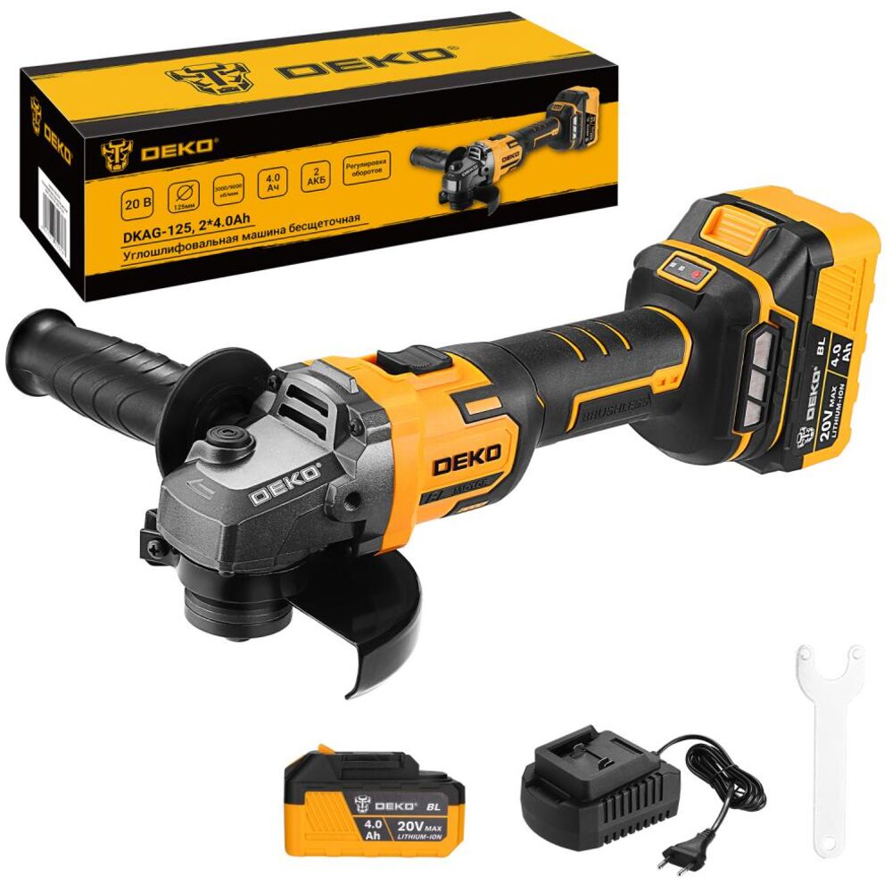 Аккумуляторная угловая шлифмашина Deko DKAG-125, 20В, 2*4.0Ач 083-1064