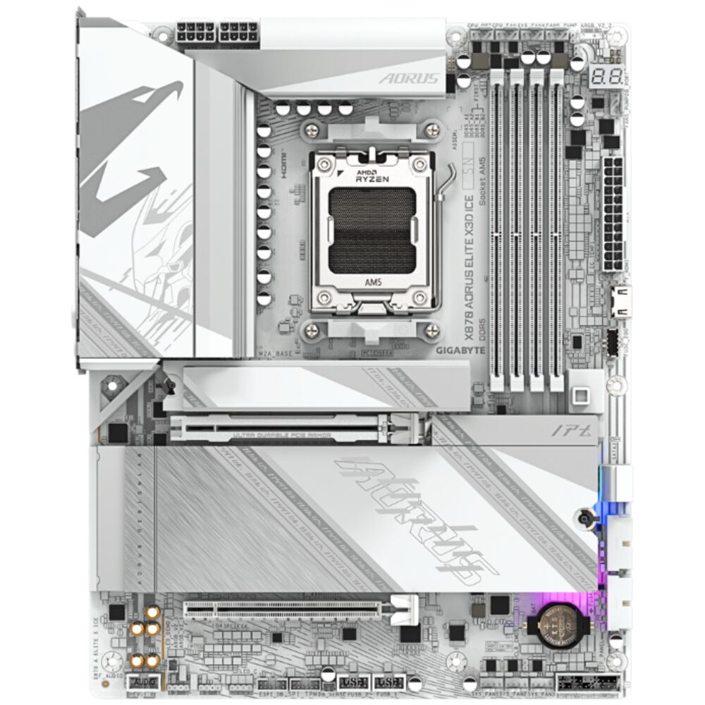 Материнская плата Gigabyte X870 AORUS Elite X3D Ice Socket-AM5 AMD X870 4xDDR5, 2xSATA3, RAID, 4xM.2, 2xPCI-E16x, 6xUSB3.2, 3xUSB3.2 Type C, HDMI, WiFi, 5Glan, ATX