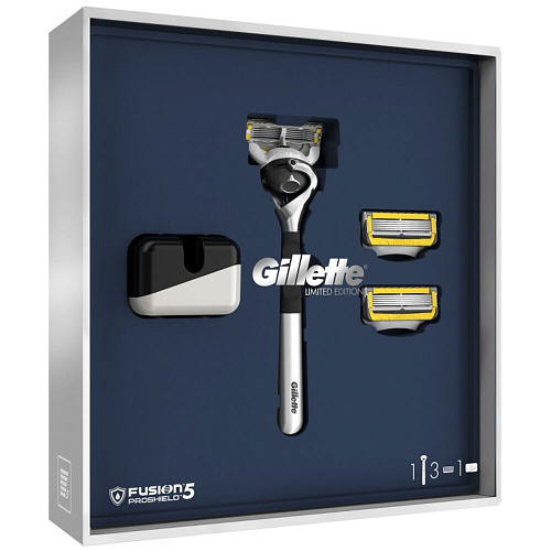 Gillette Подарочный набор Limited Edition (Gillette Станок Proshield Chrome с 3 сменными кассетами + Подставка)