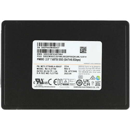 Внутренний SSD-накопитель Samsung SSD PM893, 7680GB, 2.5" 7mm, SATA3, 3D TLC, R/W 550/520MB/s, IOPs 98 000/30 000, TBW 14016, DWPD 1