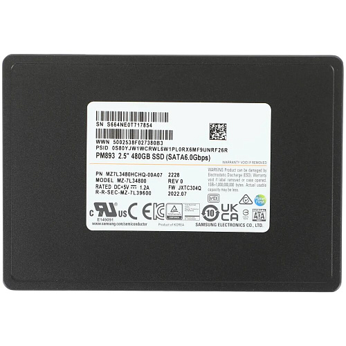 Внутренний SSD-накопитель Samsung SSD PM893, 480GB, 2.5" 7mm, SATA3, 3D TLC, R/W 550/520MB/s, IOPs 98 000/29 000, TBW 876, DWPD 1