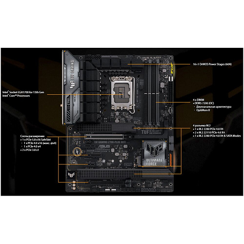 Материнская плата ASUS TUF Gaming Z790-Plus WiFi Z790 Socket-1700 4xDDR5, 4xSATA3, RAID, 4xM.2, 2xPCI-E16x, 6xUSB3.2, 2xUSB3.2 Type C, DP, HDMI, WiFi, 2,5Glan, ATX
