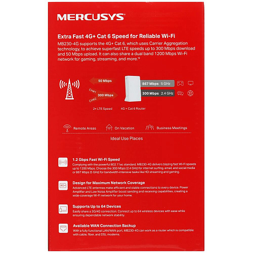Беспроводной маршрутизатор Mercusys MB230-4G AC1200, Wi-Fi 5 802.11ac Wi-Fi 1167Мбит/с, 4G LTE 300Мбит/с, 2.4+5ГГц, 1xGLAN, 1xGWAN белый