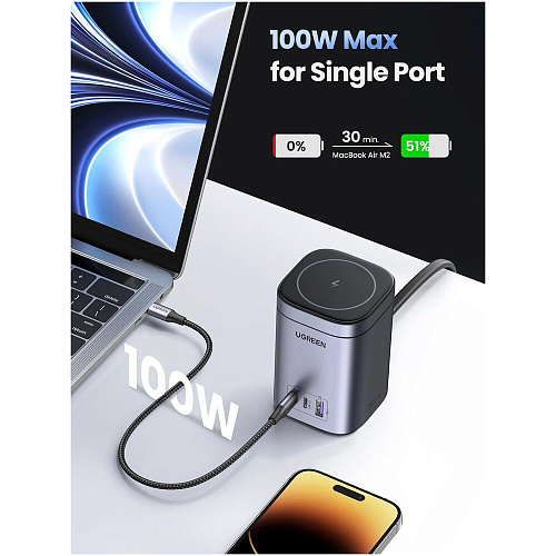 Беспроводная зарядная панель 2 в 1 Для IPhone, Airpods Ugreen CD342 (15076) 2xType C + USB 100W Grey