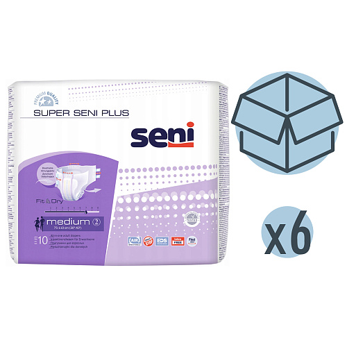 Seni Подгузники для взрослых Super Plus, 75-110 см., M (10 шт.), 6 упаковок