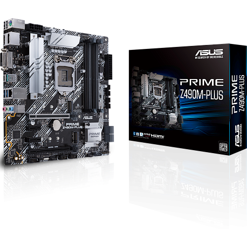 Материнская плата ASUS Prime Z490M-Plus Z490 Socket-1200 4xDDR4, 5xSATA3, RAID, 2xM.2, 2xPCI-E16x, 3xUSB3.2, 1xUSB3.2 Type C, DVI-D, HDMI, DP, Glan, mATX
