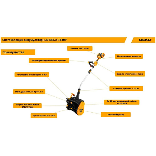Аккумуляторный снегоуборщик Deko ST40V, 2*4.0Ач, 2*ЗУ 063-4442