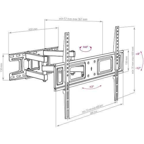 Кронштейн наклонно-поворотный Arm Media LCD-418 32-65' до 35кг Vesa до 600x400 black