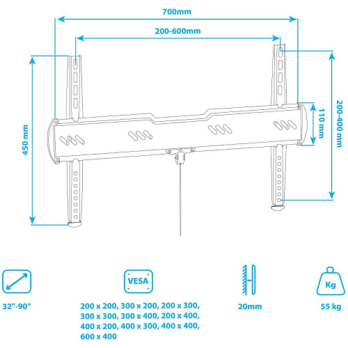 Кронштейн фиксированный Kromax Ultra Slim-100 32-90' до 55кг Vesa до 600x400