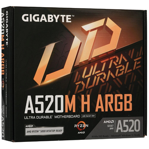 Материнская плата Gigabyte A520M H ARGB Socket-AM4 AMD A520 2xDDR4, 4xSATA3, RAID, 1xM.2, 1xPCI-E 16x, 4xUSB 3.2, DP, HDMI, GLAN mATX Ret
