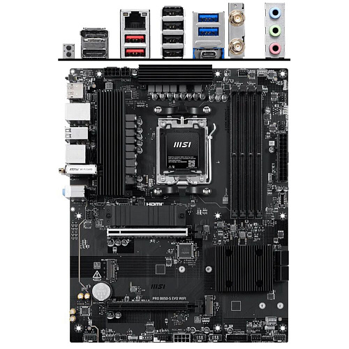 Материнская плата MSI Pro B850-S Evo WiFi Socket-AM5 AMD B850 4xDDR5, 4xSATA3, RAID, 3xM.2, 2xPCI-E16x, 4xUSB3.2, 1xUSB3.2 Type C, DP, HDMI, WiFi, 5Glan, ATX Ret