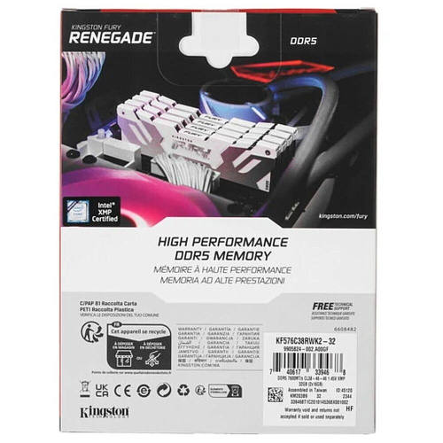 Модуль памяти DIMM 32Gb 2х16Gb DDR5 PC60800 7600MHz Kingston Fury Renegade White (KF576C38RWK2-32)
