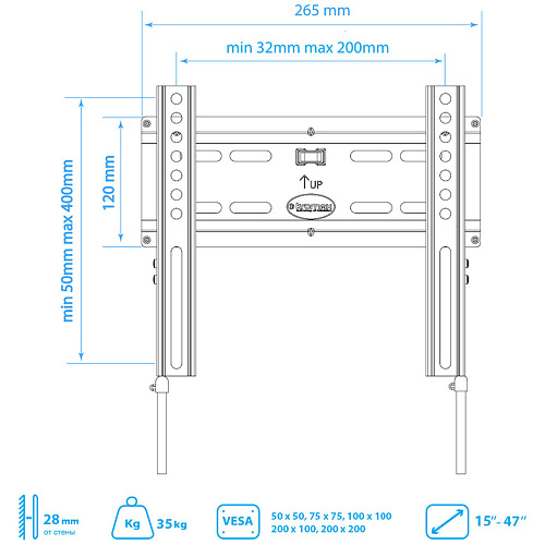 Кронштейн фиксированный Kromax FLAT-5 new 15-47' до 35кг Vesa до 200x200 черный
