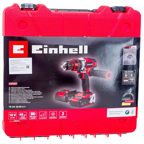 Аккумуляторная дрель-шуруповерт Einhell PXC TE-CD 18/48 Li-i,18В,48Нм,400/1500об/мин,патрон13мм,2х2.0Ач,кейс 4513935