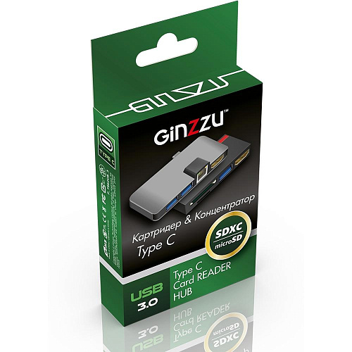 Card Reader внешний GiNZZU, (GR-864UB) Черный Type C 2xUSB3.0+USB2.0+U3:SD/TFx2