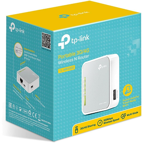 Беспроводной маршрутизатор TP-LINK TL-MR3020, 802.11n, 150Мбит/с, 2.4ГГц, 1xLAN/WAN, 1xUSB2.0, поддержка 3G/4G модема