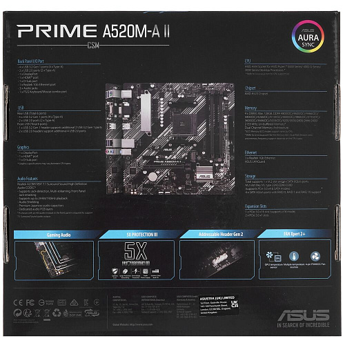 Материнская плата ASUS Prime A520M-A II/CSM A520 Socket AM4 4xDDR4, 4xSATA3, RAID, 1xM.2, 1xPCI-E16x, 4xUSB3.2, D-Sub, DP, HDMI, Glan, mATX
