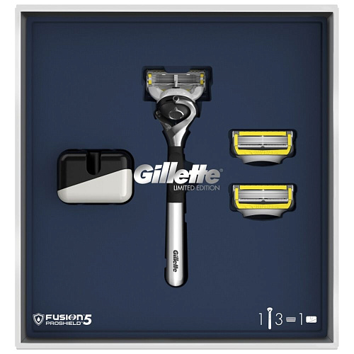 Gillette Подарочный набор Limited Edition (Gillette Станок Proshield Chrome с 3 сменными кассетами + Подставка)