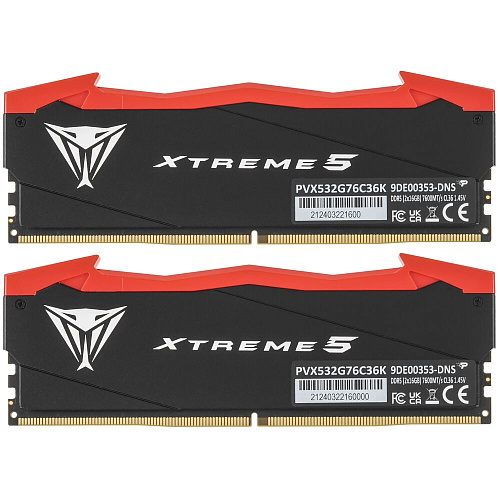 Модуль памяти DIMM 32Gb 2х16Gb DDR5 PC60800 7600MHz Patriot Memory Viper Xtreme 5 Black/Red (PVX532G76C36K)
