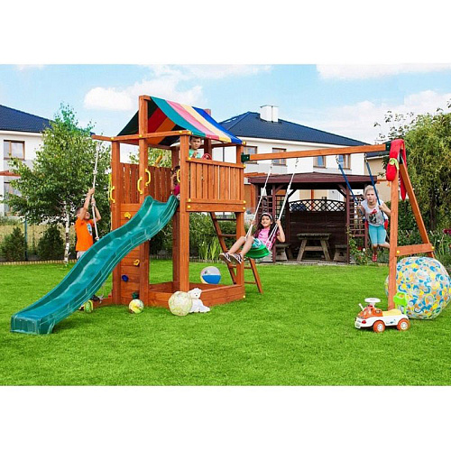 Игровой комплекс Paremo детский домик с песочницей, тентом, горкой, качелей и сдвоенными кольцами PS217