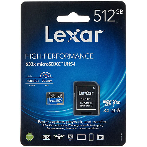 Карта памяти Micro SecureDigital 512Gb Lexar 633x SDXC class 10 (LSDMI512BB633A) + SD адаптер
