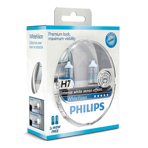 Автомобильная лампа H7 55W White Vision 2шт. + W5W 2шт. Philips