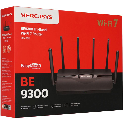 Беспроводной маршрутизатор Mercusys MR47BE, Wi-Fi 7 802.11be 9214Мбит/с, 2.4ГГц, 5ГГц, 6ГГц, 3xGLAN, 1xGWAN чёрный