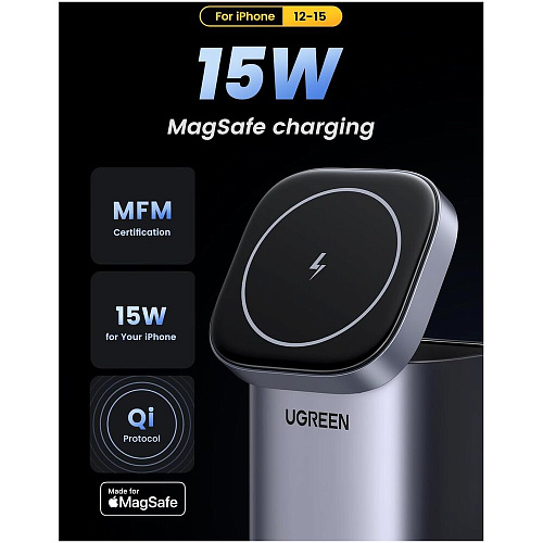 Беспроводная зарядная панель 2 в 1 Для IPhone, Airpods Ugreen CD342 (15076) 2xType C + USB 100W Grey