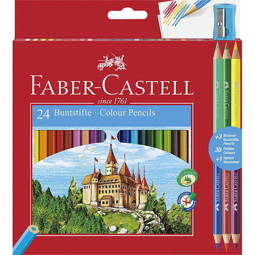 Цветные карандаши Faber-Castell Замок,  в карт. промоупаковке, 24 шт + 3 двухцветных карандаша+точилка 110324