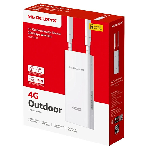 Беспроводной маршрутизатор Mercusys MB118-4G N300, Wi-Fi 4 802.11n Wi-Fi 300Мбит/с, 4G LTE 150Мбит/с, 2.4ГГц, 1xLAN, 1xWAN белый