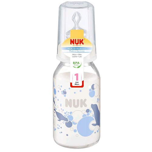 Бутылочка для кормления NUK стеклянная, 125 мл + силиконовая соска размер 1 (синяя)