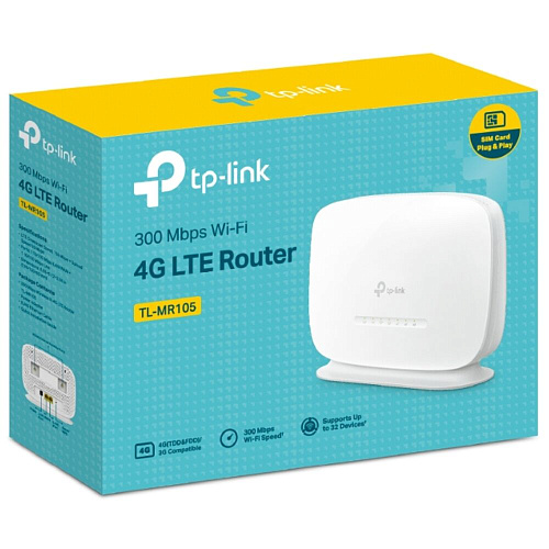 Беспроводной маршрутизатор TP-LINK TL-MR105, Wi-Fi 4 802.11n, 300Мбит/с, 2.4ГГц, 1xLAN, 1xWAN/LAN, 3G/LTE