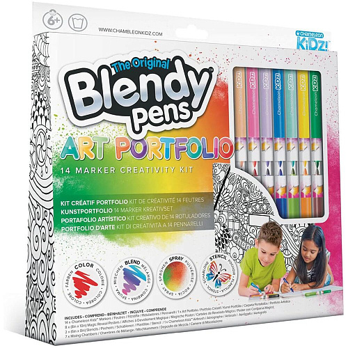 Набор фломастеров-хамелеонов «Blendy pens» (14 шт.) c раскрасками, трафаретами и аэрографом