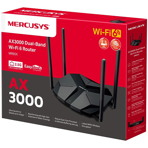Беспроводной маршрутизатор Mercusys MR85X, Wi-Fi 6 802.11ax 2976Мбит/с, 2.4+5ГГц, 3xGLAN, 1xGWAN чёрный