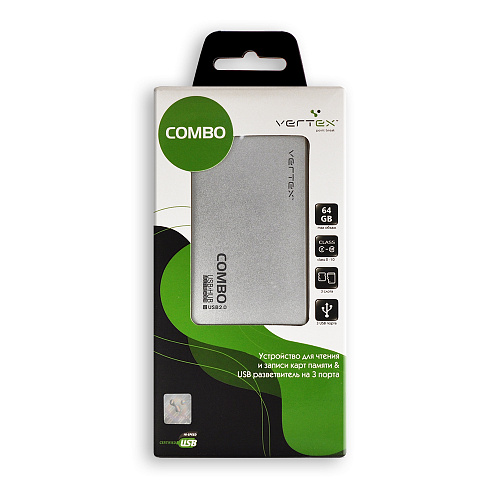 Card Reader Vertex Combo All in 1 + 3-port USB hub Multi Black USB 2.0 SDHC (VCR-502) Silver