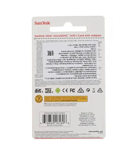 Карта памяти Micro SecureDigital 16Gb SanDisk Ultra Android microSDHC class 10 UHS-I (SDSQUNS-016G-GN3MA) + адаптер SD