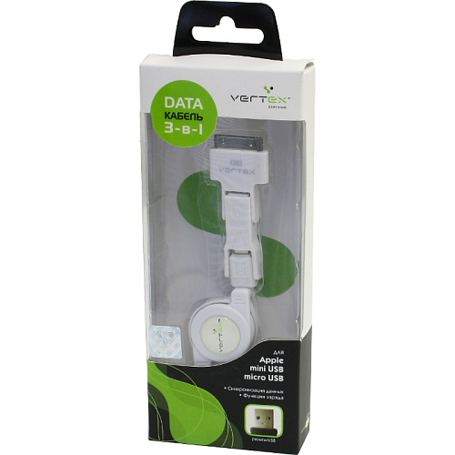 Кабель Vertex универсальный 3 в 1 c автосмоткой mini/micro USB/iPhone для заряда и передачи данных, белый