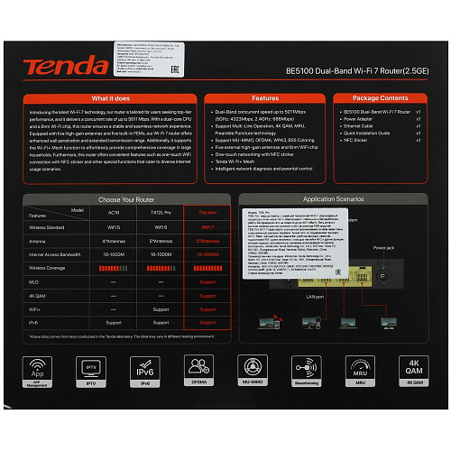 Беспроводной маршрутизатор Tenda TE6L Pro 802.11be 5011Мбит/с, 2,4Ггц и 5Ггц, 3xLAN, 1xWAN