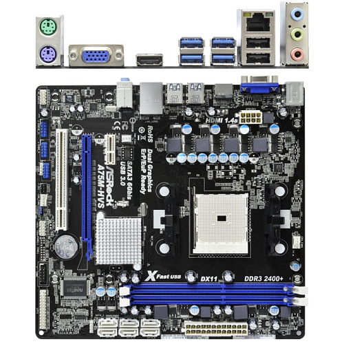 Материнская плата ASRock A75M-HVS Soc-FM1 AMD A75 FCH (Hudson-D3) 2xDDR3, Raid, 4xUSB 3.0, 6xSATA 6Gb/s, 1xPCI-E 16x, GLAN mATX Ret