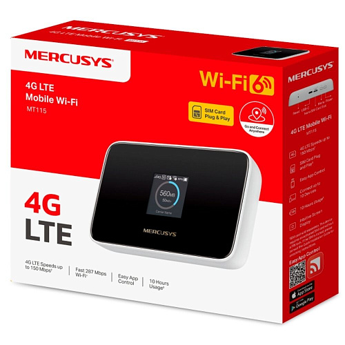 Мобильный роутер Mercusys MT115 4G/LTE Wi-Fi 802.11n Wi-Fi 287Мбит/с, 4G LTE 150Мбит/с, UL 50Мбит/с, 2,4 ГГц чёрный
