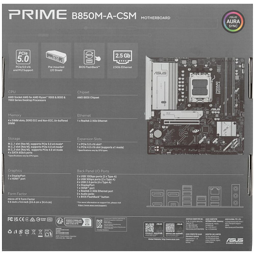 Материнская плата ASUS Prime B850M-A-CSM B850 Socket AM5 4xDDR5, 4xSATA3, RAID, 3xM.2, 2xPCI-E16x, 4xUSB3.2, DP, HDMI, 2.5Glan, mATX