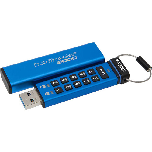 USB Flash накопитель 32GB Kingston Data Traveler 2000 256-AES, keypad (DT2000/32GB) Black/Blue USB3.0