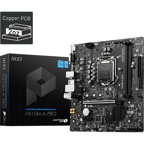 Материнская плата MSI H510M-A Pro H510 Socket-1200 2xDDR4, 4xSATA3, 1xM.2, 1xPCI-E16x, 2xUSB3.2, D-Sub, HDMI, Glan, mATX