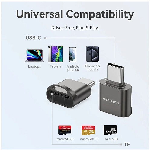 Card Reader Vention CLMH0 USB Type C MicroSD Серый