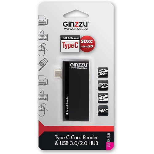 Card Reader внешний GiNZZU, (GR-562UB) Черный Type C SD/microSD & USB3.0/2.0 HUB