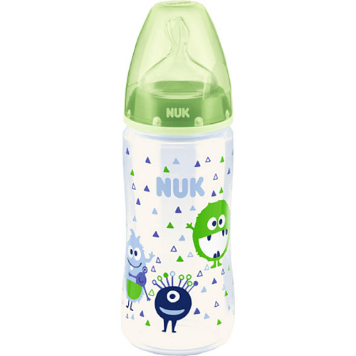 Бутылочка для кормления NUK First Choice Plus полипропилен, 300 мл + силиконовая соска со средним отверстием для пищи M р-р 1 (инопланетяне)