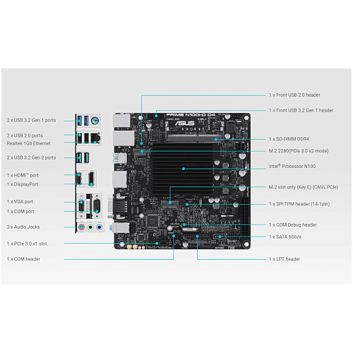 Материнская плата ASUS Prime N100I-D D4-CSM Intel N100 (3.4 GHz), 1xDDR4 SODIMM, 4xUSB3.2, D-Sub, DP, HDMI, GLan, mini-ITX Ret