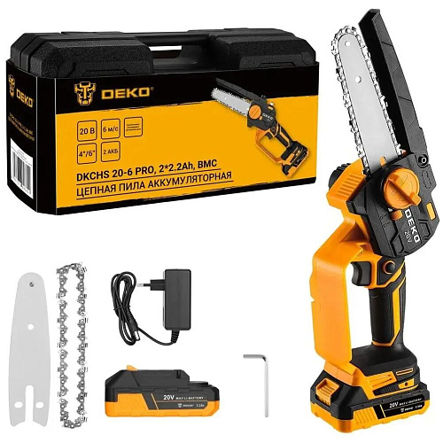 Аккумуляторная пила Deko DKCHS 20-6 PRO, 4" и 6", 20В, 2x2.2Ач, 2 шины и 2 цепи в кейсе 083-2012